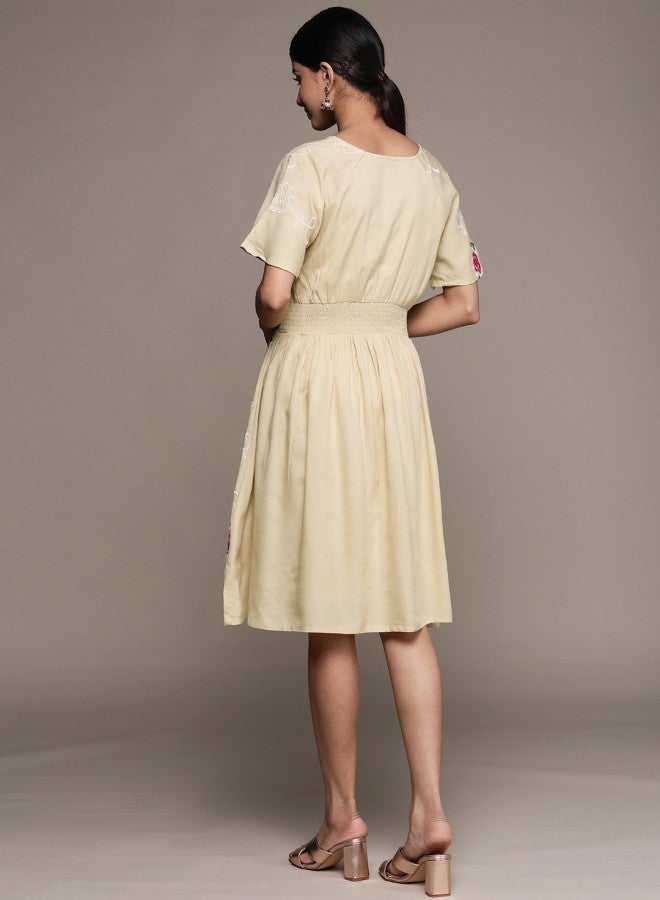Women's Beige 100% Cotton Self Design A-Line Dress