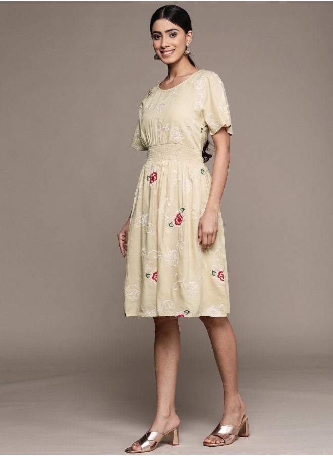 ISHIN Women's Beige 100% Cotton Self Design A-Line Dress  - Image 3