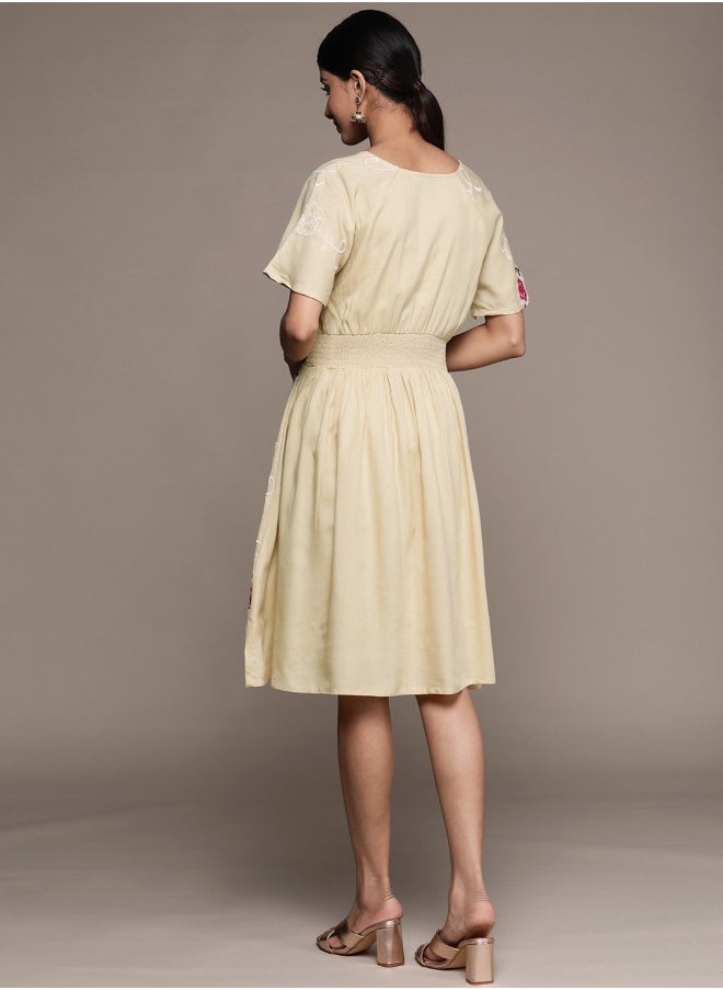 ISHIN Women's Beige 100% Cotton Self Design A-Line Dress  - Image 5
