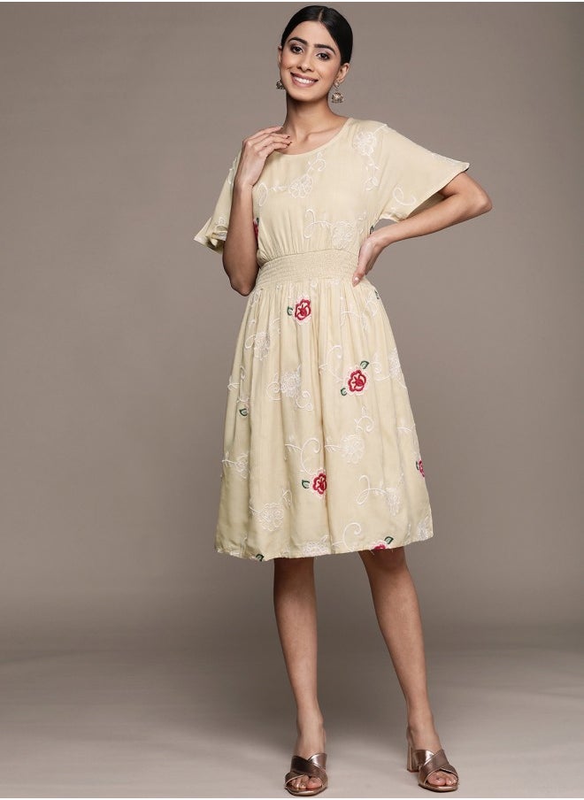 ISHIN Women's Beige 100% Cotton Self Design A-Line Dress  - Image 1