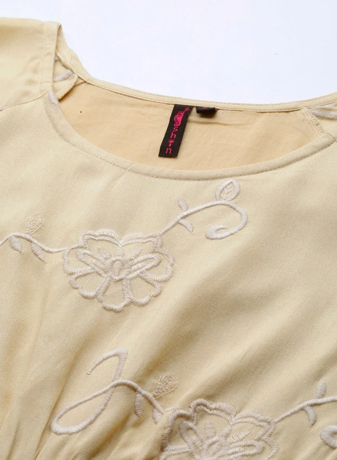 آي شين Women's Beige 100% Cotton Self Design A-Line Dress