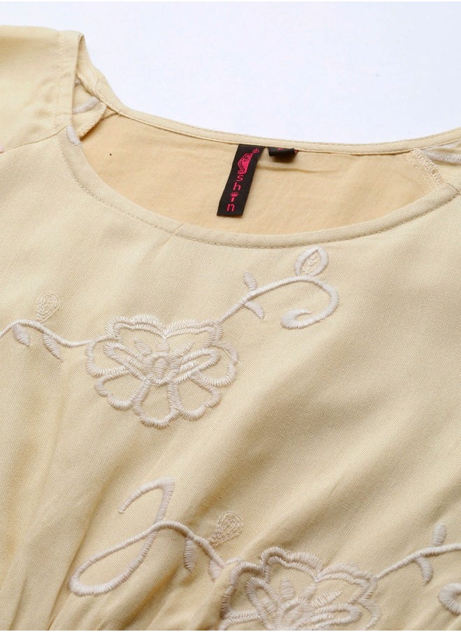 ISHIN Women's Beige 100% Cotton Self Design A-Line Dress  - Image 2