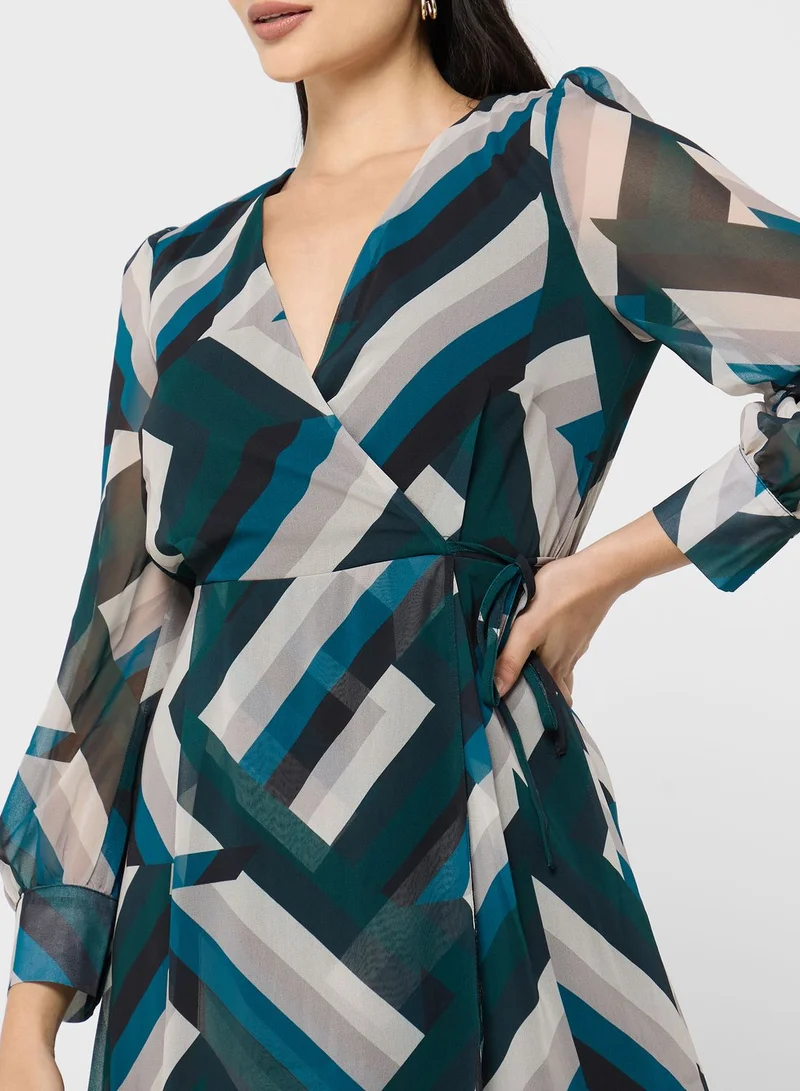Wallis Surplice Neck Balloon Sleeve Dress