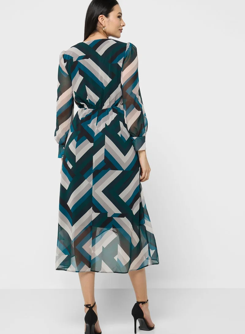 Wallis Surplice Neck Balloon Sleeve Dress
