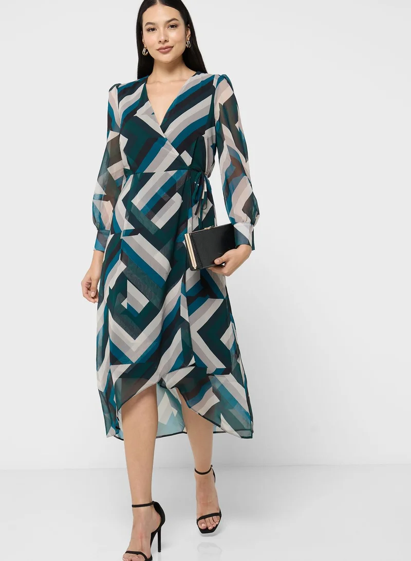 Wallis Surplice Neck Balloon Sleeve Dress
