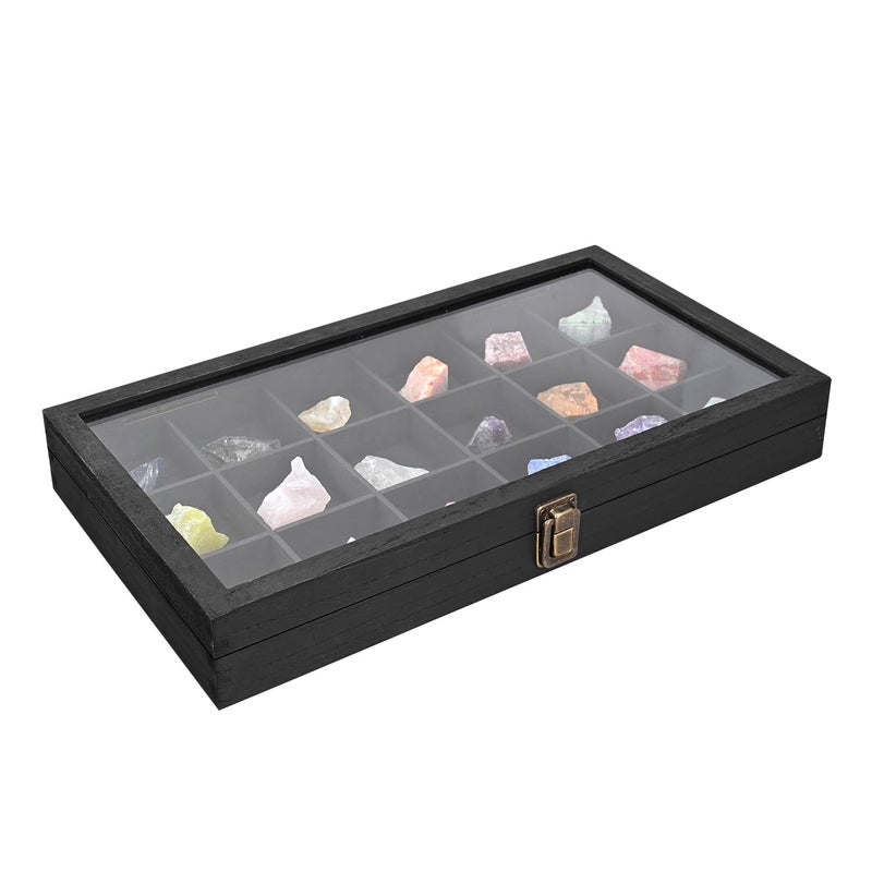MOOCA Wooden Jewelry Display Case with Tempered Glass Lid  18 Compartments Tray Rock Collection Box Crystal Display Case Black Color