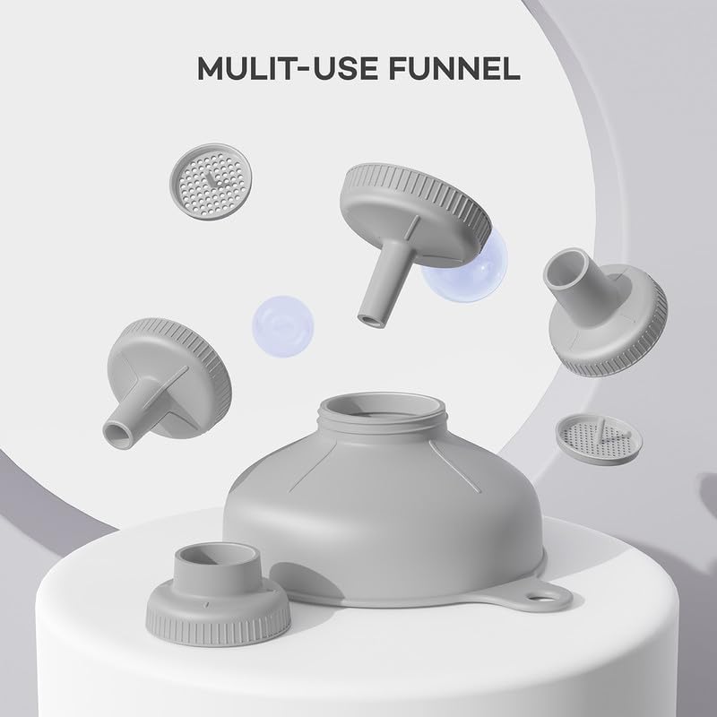 Pisol Wide Mouth Versatile Funnel, Canning Funnels for Kitchen Use, Food Grade Plastic Cooking Funnel Set with 4 Size Spouts and 2 Strainers for Filling Different Bottles and Bags, Grey - Image 3