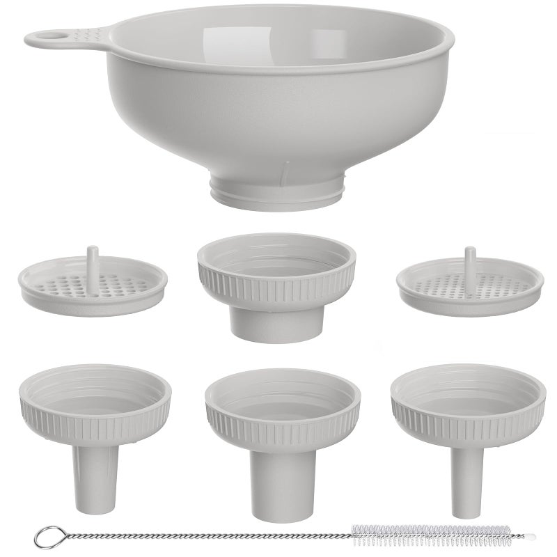 Pisol Wide Mouth Versatile Funnel, Canning Funnels for Kitchen Use, Food Grade Plastic Cooking Funnel Set with 4 Size Spouts and 2 Strainers for Filling Different Bottles and Bags, Grey - Image 1