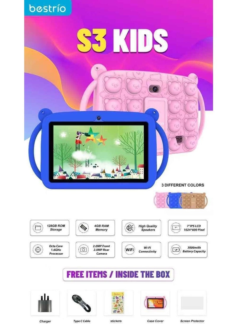 Bestrio S3 Kids Tablet with 7-Inch HD Display, 128GB Storage, 4GB RAM, Durable Protective Case, 3000mAh Battery, Parental Controls, Educational Apps, Fun Learning Games & Entertainment Mode – Safe, Portable & Kid-Friendly Tablet for Home, School, Travel & Daily Use - Image 2