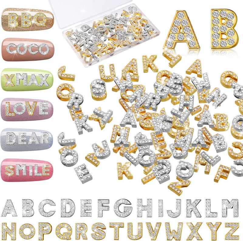 Leelosp 52 Pieces Letters Nail Stud Stickers Alloy Rhinestone Letter Charms 3D Capital Alphabet Nail Studs English Alphabet Charms Decoration for Women Adults Making Crafts DIY Manicure 
