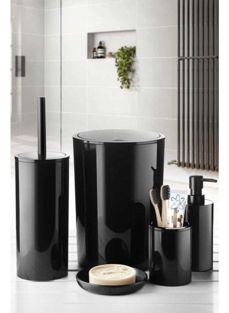 بريمانوفا طقم إكسسوارات حمام ٥ قطع بلاستيك مع سلة نفايات سعة ٦ لتر وفرشاة مرحاض وموزع صابون وحامل فرشاة وصحن صابون بتصميم سهل التنظيف ولمسة لامعة (اسود) - Image 2