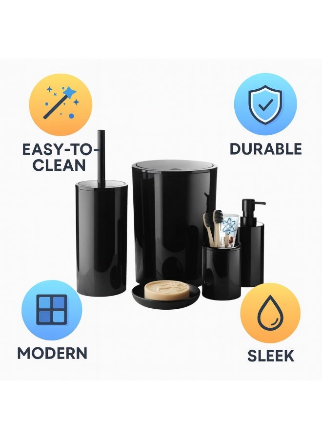 بريمانوفا طقم إكسسوارات حمام ٥ قطع بلاستيك مع سلة نفايات سعة ٦ لتر وفرشاة مرحاض وموزع صابون وحامل فرشاة وصحن صابون بتصميم سهل التنظيف ولمسة لامعة (اسود) - Image 5