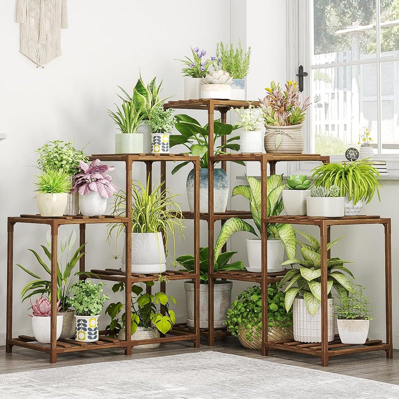 Bamworld Plant Stand Indoor Outdoor Corner Plant Shelf 5-Tier 11 Potted Flower Shelves Wooden Plant Stands Garden Wood Plant Holder Rack for Living Room Corner Lawn Window - Image 1
