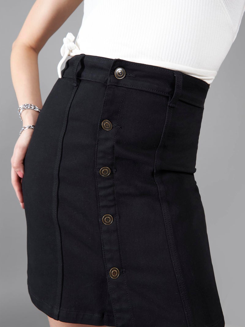 Miss Chase Women's Stretchable Solid A line Mini Denim Skirt (MCSS22DEN11-08-62-32, Black, 32) - Image 5