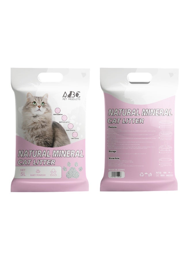 اي بي سي رمل قطط معدني طبيعي ٥ لتر - برائحة بودرة الأطفال | خالٍ من الغبار بنسبة ٩٩٫٩٪، سريع الامتصاص، تكتل جيد، وتحكم في الروائح - Image 1