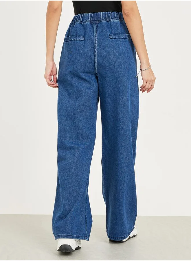 Styli Wide Leg Drawstring Jeans with Pockets
