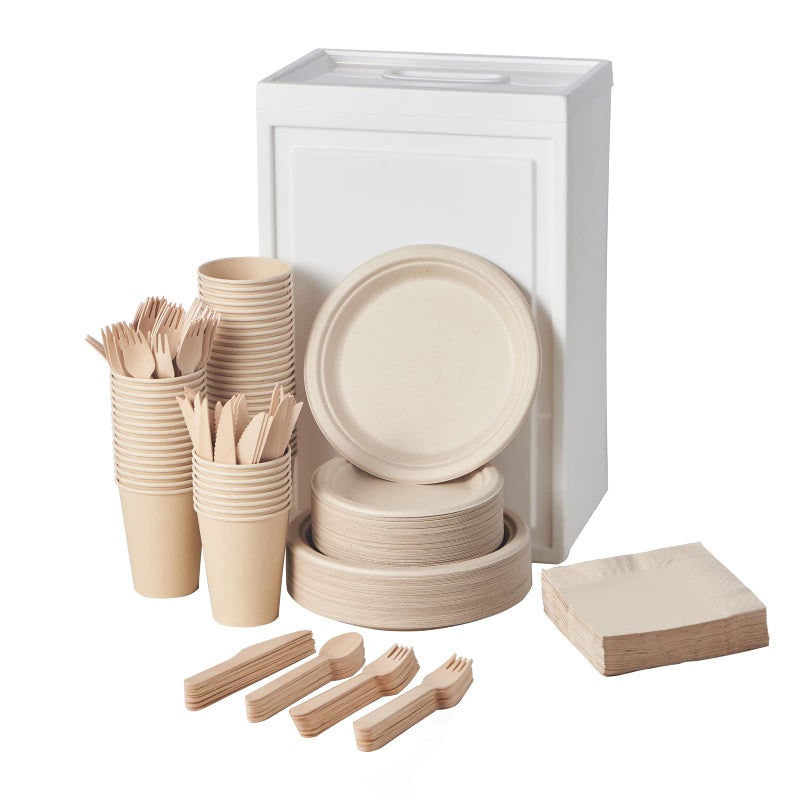 FULING 350Pcs Biodegradable Dinnerware Set  Disposable Dinner Plates Wooden Cutlery Napkins  PlantBased Material Microwave  Freezer Safe