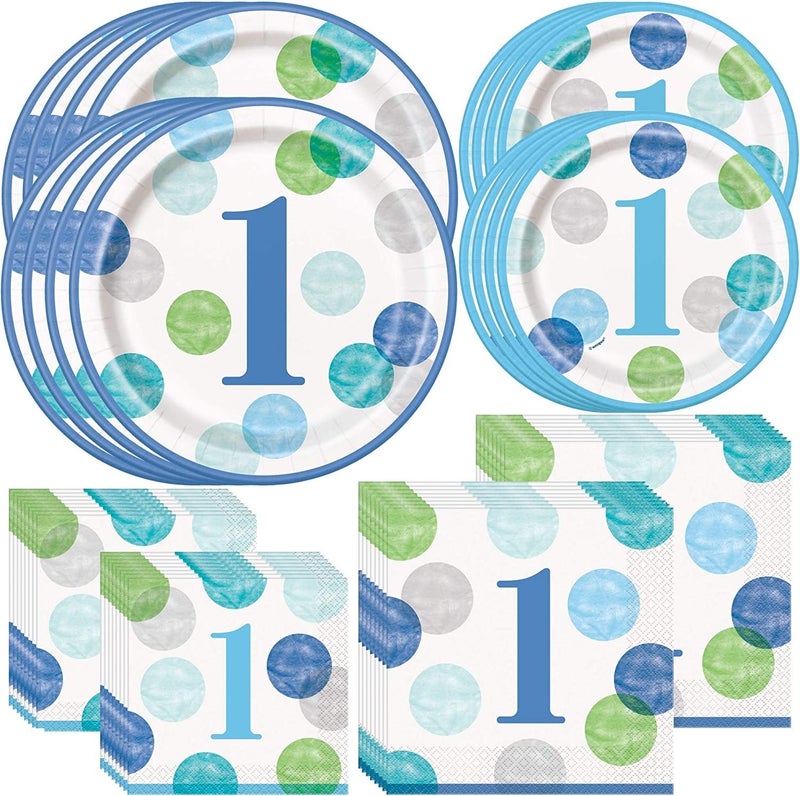 Unique Blue Dots Baby Boy 1st Birthday Party Bundle Beverage Luncheon Napkins Dinner Dessert Plates Great for Childs 1st Birthday Celebration Kids Party