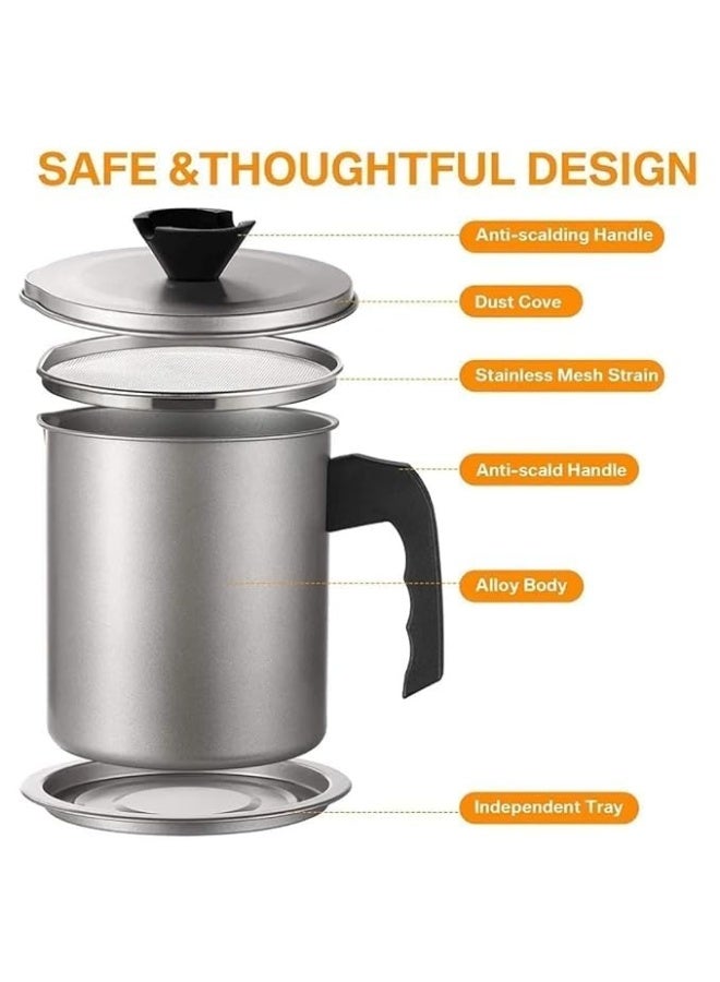 وعاء مصفاة زيت للمطبخ مع فلتر، موزع زيت من الستانلس ستيل سعة 1.4 لتر، حاوية تخزين مع مصفاة شبكية دقيقة، مثالية لزيت القلي وشحوم الطبخ - Image 3