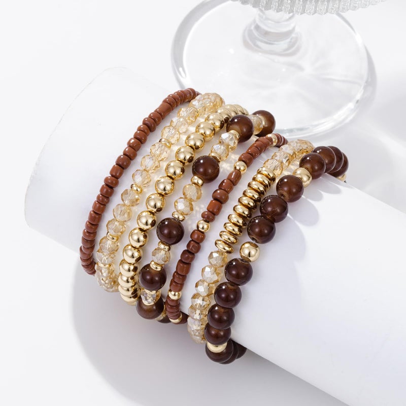 Aigrnc Boho Brown Beaded Stretch Bracelets For Women Stackable Crystal Gold plated Beaded Bracelets Set Trendy Handmade Friendship Braeclet Jewelry Gifts - Image 2