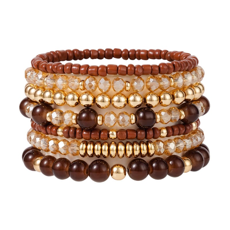Aigrnc Boho Brown Beaded Stretch Bracelets For Women Stackable Crystal Gold plated Beaded Bracelets Set Trendy Handmade Friendship Braeclet Jewelry Gifts - Image 1