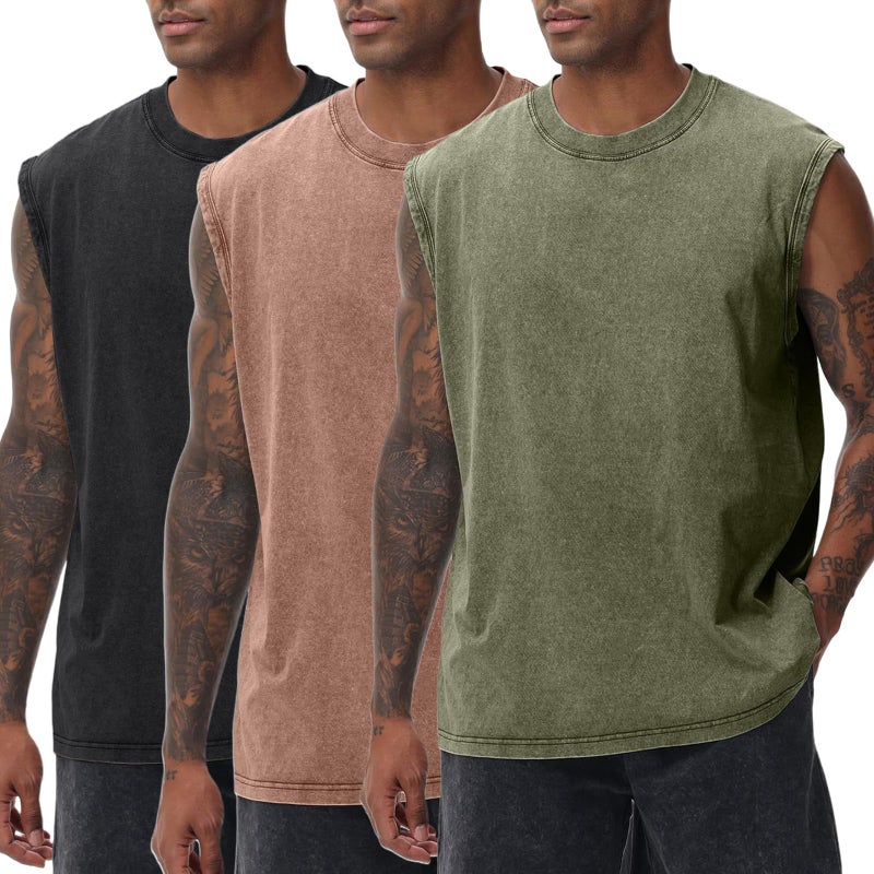 Arssm 3 Pack Men Tank Tops Sleeveless Shirts for Men Cotton Acid Wash Tees Muscle Workout Running Tank Tops(BlackKhakiArmy-L) - Image 1