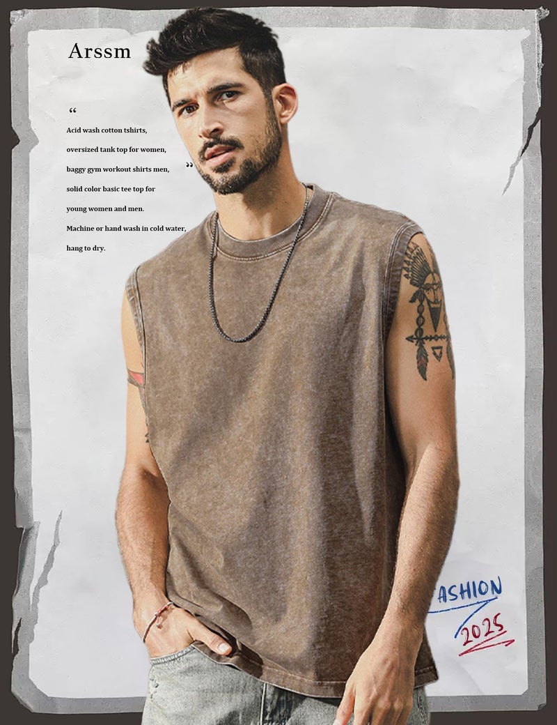 Arssm 3 Pack Men Tank Tops Sleeveless Shirts for Men Cotton Acid Wash Tees Muscle Workout Running Tank Tops(BlackKhakiArmy-L) - Image 2