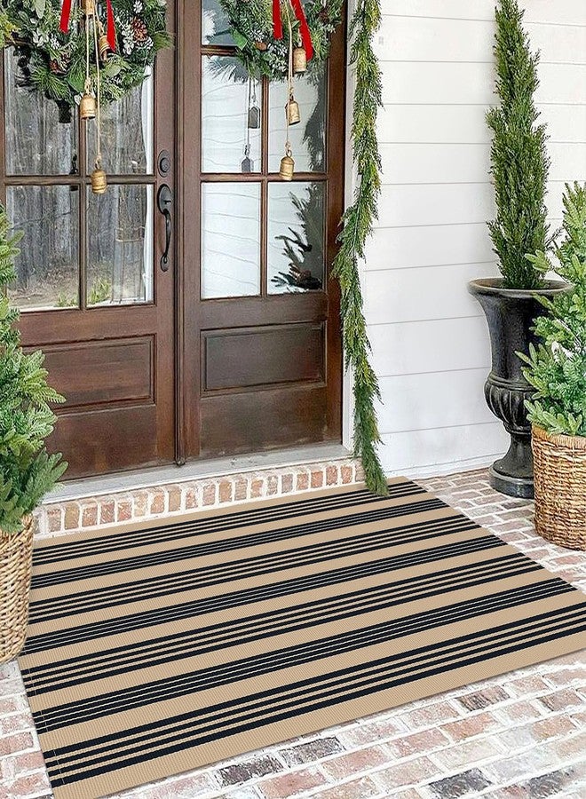 KILOCOCO Brown Striped Rug 4x6 Indoor Outdoor Rugs Hand Woven Cotton Washable Striped Layered Area Rug for Porch Kitchen Farmhouse Entryway Patio Living Room - Image 1