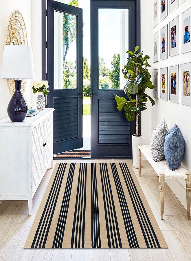 KILOCOCO Brown Striped Rug 4x6 Indoor Outdoor Rugs Hand Woven Cotton Washable Striped Layered Area Rug for Porch Kitchen Farmhouse Entryway Patio Living Room - Image 2