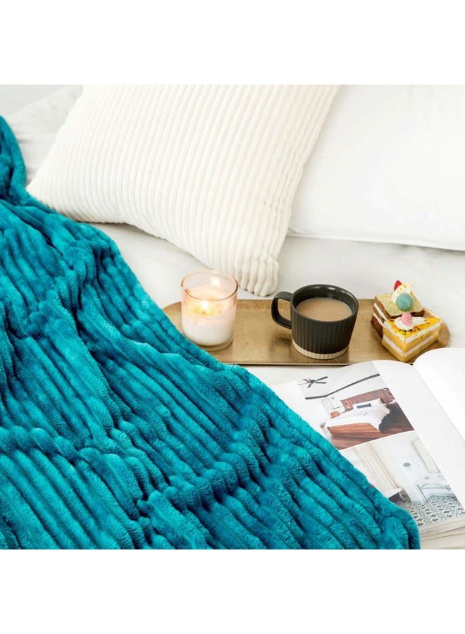 MIULEE Fleece Teal Throw Blanket with Stripe Texture | Flannel Throw | Super Soft Lightweight Microfiber | Plush, Fuzzy, Cozy | 50 x 60 Inches Christmas Blankets (Throw Size, Turquoise) - Image 3