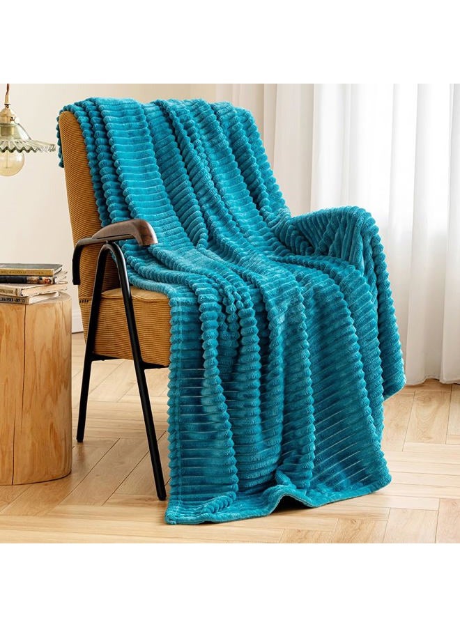 MIULEE Fleece Teal Throw Blanket with Stripe Texture | Flannel Throw | Super Soft Lightweight Microfiber | Plush, Fuzzy, Cozy | 50 x 60 Inches Christmas Blankets (Throw Size, Turquoise) - Image 1