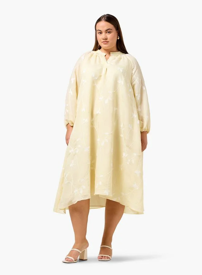  أولا بوبكن Ulla Popken Plus Size Embroidered A-line Dress with Mandarin Collar