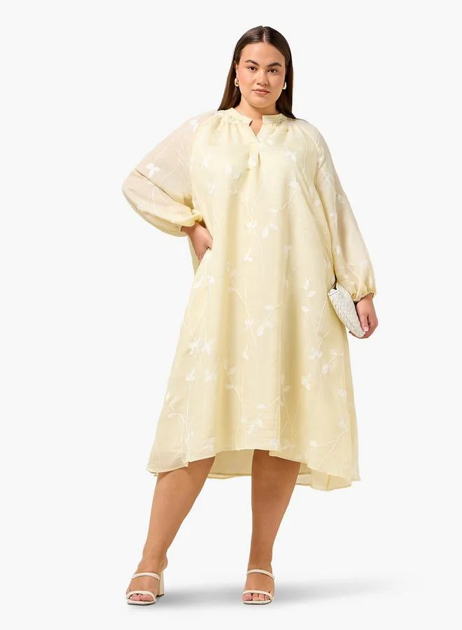  أولا بوبكن Ulla Popken Plus Size Embroidered A-line Dress with Mandarin Collar