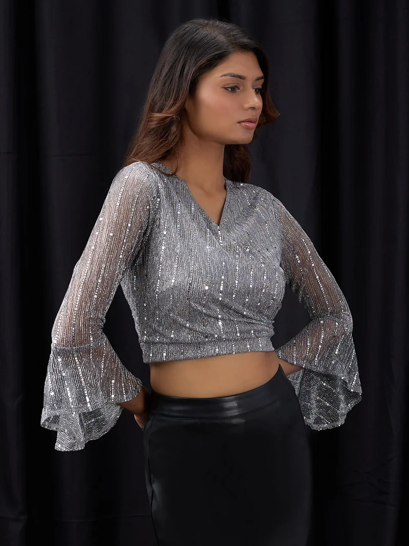 globus Women Grey V-Neck Flared Sleeves Embellished Sheen Waist Tie-Up Party Crop Top