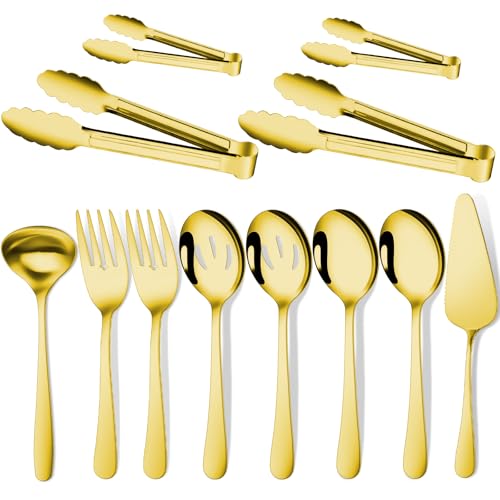 Gisly Gold 12 Pieces Serving Utensils Include Large Serving Spoons,Slotted Serving Spoons,Serving Forks,Serving Tongs,Appetizers Tongs,Soup Ladle and Pie Cake Server for Buffet Catering - Image 1