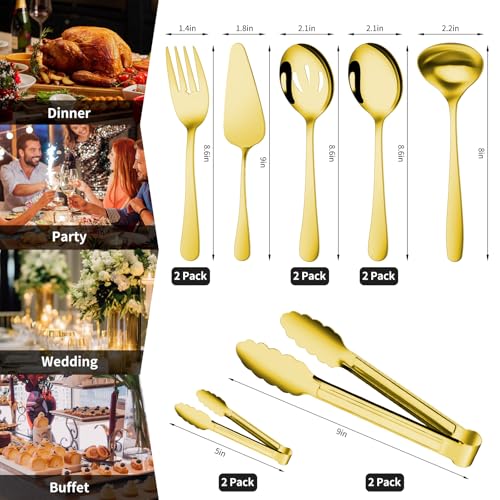Gisly Gold 12 Pieces Serving Utensils Include Large Serving Spoons,Slotted Serving Spoons,Serving Forks,Serving Tongs,Appetizers Tongs,Soup Ladle and Pie Cake Server for Buffet Catering - Image 2