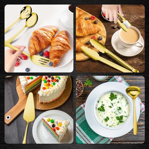 Gisly Gold 12 Pieces Serving Utensils Include Large Serving Spoons,Slotted Serving Spoons,Serving Forks,Serving Tongs,Appetizers Tongs,Soup Ladle and Pie Cake Server for Buffet Catering - Image 4