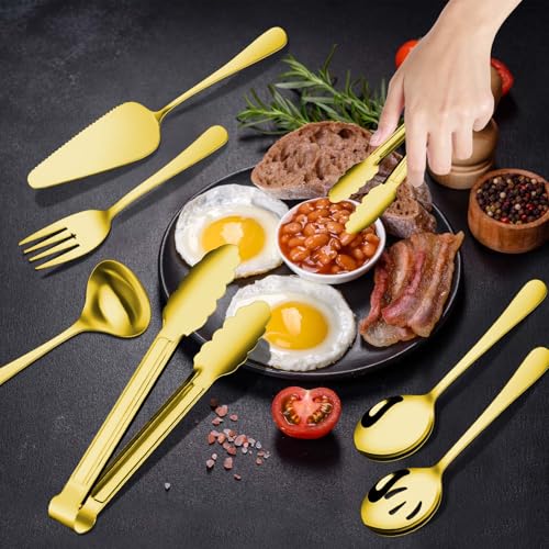 Gisly Gold 12 Pieces Serving Utensils Include Large Serving Spoons,Slotted Serving Spoons,Serving Forks,Serving Tongs,Appetizers Tongs,Soup Ladle and Pie Cake Server for Buffet Catering - Image 3