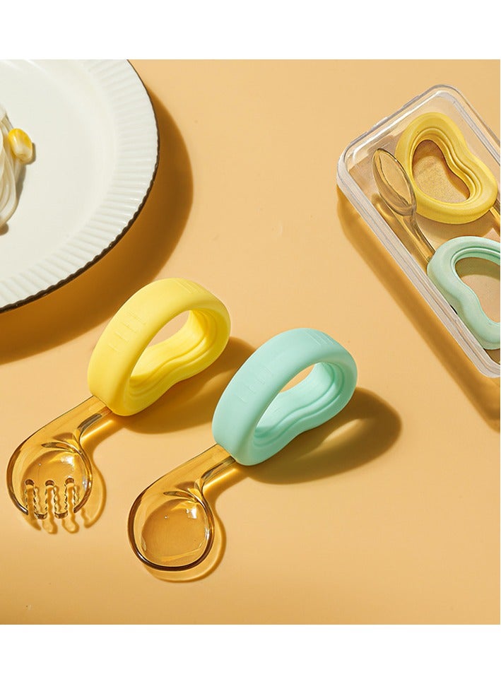 أطفال الهوغوز شوكة وملعقة على شكل قلب وضع ملعقة سيليكون وشوكة للأطفال الذين يزيد عمرهم عن 6 أشهر (أزرق/أصفر فاتح) - Image 1