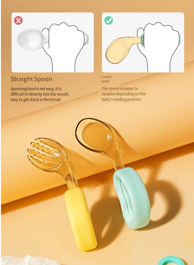 أطفال الهوغوز شوكة وملعقة على شكل قلب وضع ملعقة سيليكون وشوكة للأطفال الذين يزيد عمرهم عن 6 أشهر (أزرق/أصفر فاتح) - Image 4