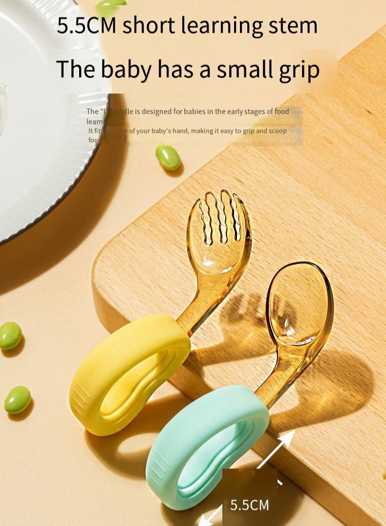 أطفال الهوغوز شوكة وملعقة على شكل قلب وضع ملعقة سيليكون وشوكة للأطفال الذين يزيد عمرهم عن 6 أشهر (أزرق/أصفر فاتح) - Image 5