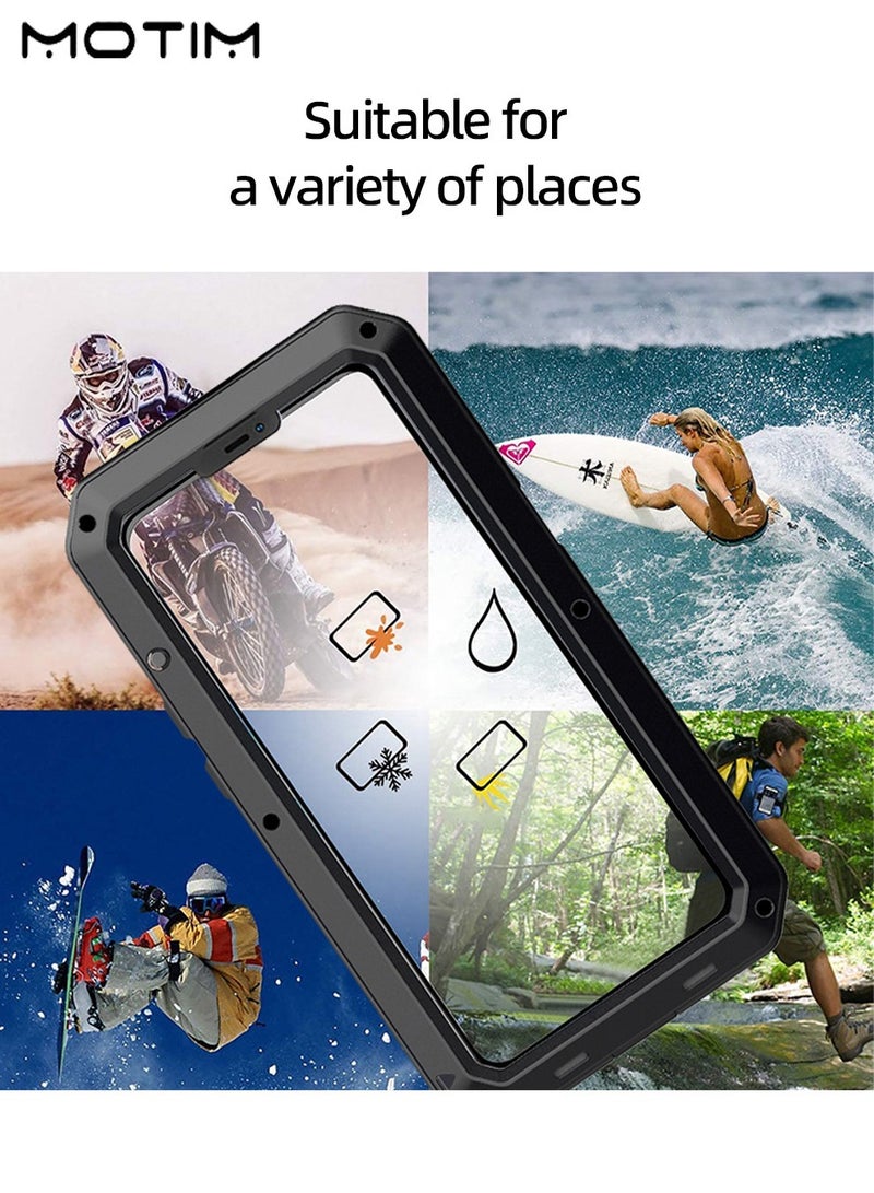 Metal Phone Case for iPhone 14/14 Plus with Screen Tempered Glass Protector Film, Military-Grade Drop Protection, Shockproof Air Guard Corners Waterproof Case