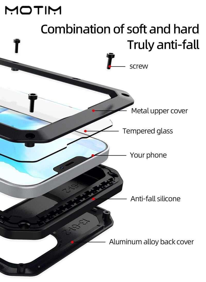 Motim Metal Phone Case for iPhone 14/14 Plus with Screen Tempered Glass Protector Film, Military-Grade Drop Protection, Shockproof Air Guard Corners Waterproof Case  - Image 2