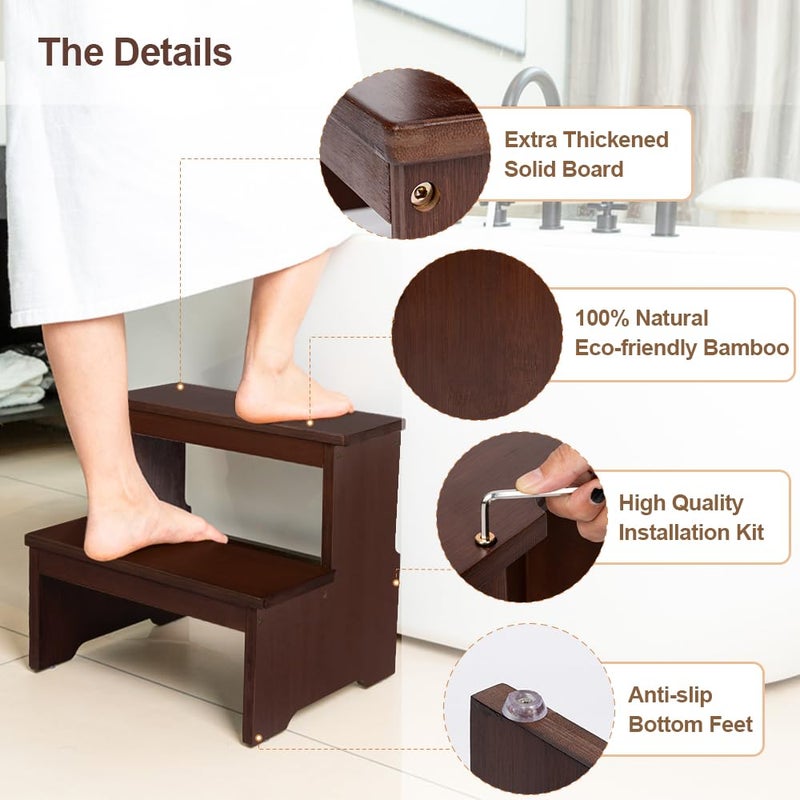 StrongTek Bamboo Two Step Stool for Adults and Kids, Bed Stepstool with Anti-Slip Bottom, Heavy Duty for Kitchen, Bathroom, Bedside Step Stool, Wooden Step Stairs 350 lbs Capacity (Dark Chocolate) - Image 2