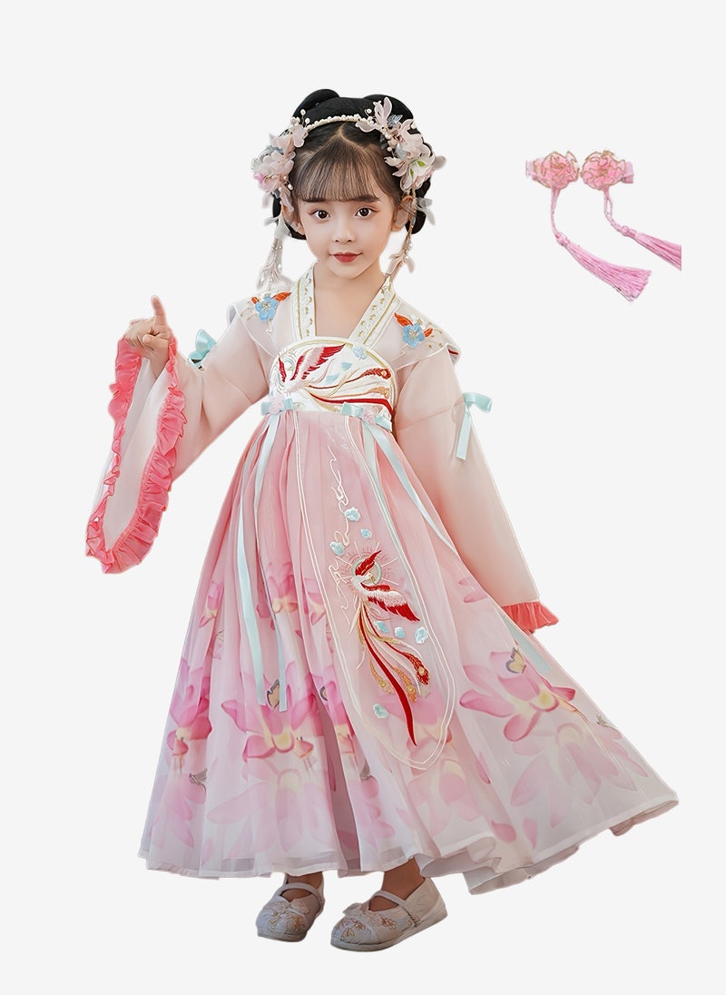 SHABILI Traditional Hanfu Dress Costume Set for Girls with Floral Print & Tassel Hair Band – Kids Dress-Up Toy Birthday Gift - Image 1