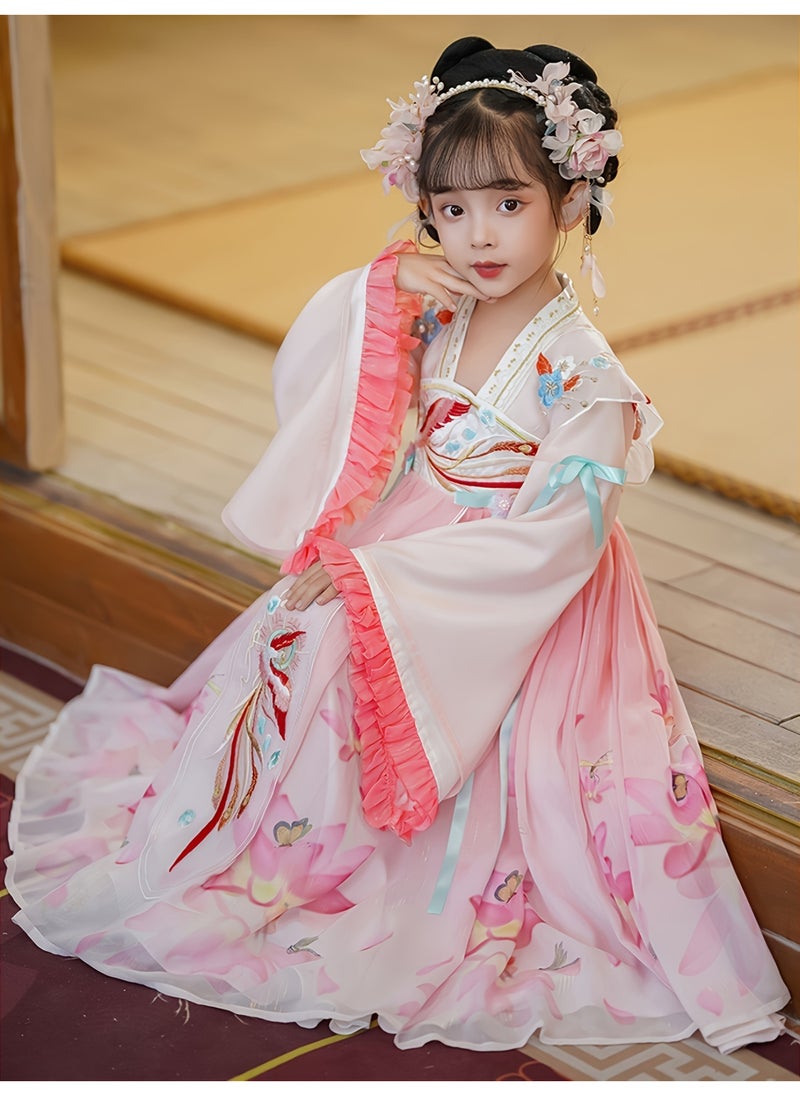 SHABILI Traditional Hanfu Dress Costume Set for Girls with Floral Print & Tassel Hair Band – Kids Dress-Up Toy Birthday Gift - Image 3