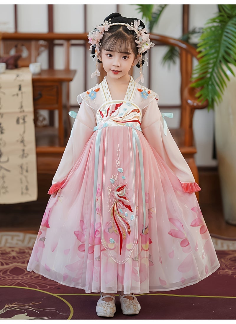 SHABILI Traditional Hanfu Dress Costume Set for Girls with Floral Print & Tassel Hair Band – Kids Dress-Up Toy Birthday Gift - Image 2