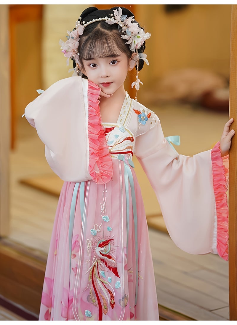 SHABILI Traditional Hanfu Dress Costume Set for Girls with Floral Print & Tassel Hair Band – Kids Dress-Up Toy Birthday Gift - Image 4