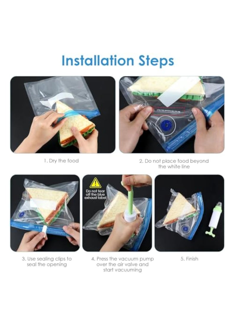 Hihonor - 15 Pieces Reusable Food Vacuum Sealers Bags, with 1 Handheld Pump Bag Kit Portable Vacuum Set 3 Size Sealed Freezer Bag 5 Sealing Clips 4 Green Cooking Tong Vegetables Food Sandwich Storage - Image 1