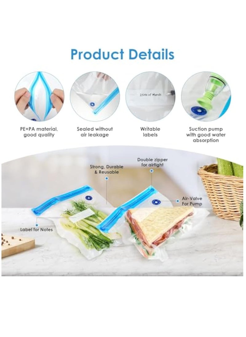 Hihonor - 15 Pieces Reusable Food Vacuum Sealers Bags, with 1 Handheld Pump Bag Kit Portable Vacuum Set 3 Size Sealed Freezer Bag 5 Sealing Clips 4 Green Cooking Tong Vegetables Food Sandwich Storage - Image 1